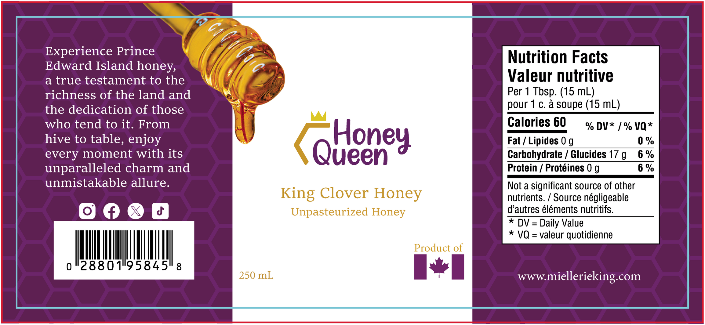 Flat label using required text, honeycomb pattern in the background, and bright pictures.